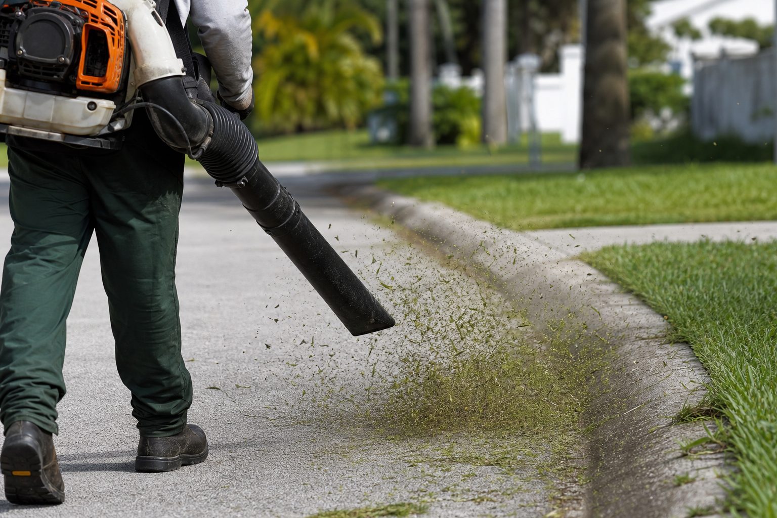 Lucas Lawn & Co. clearing grass clippings from a driveway with a backpack blower